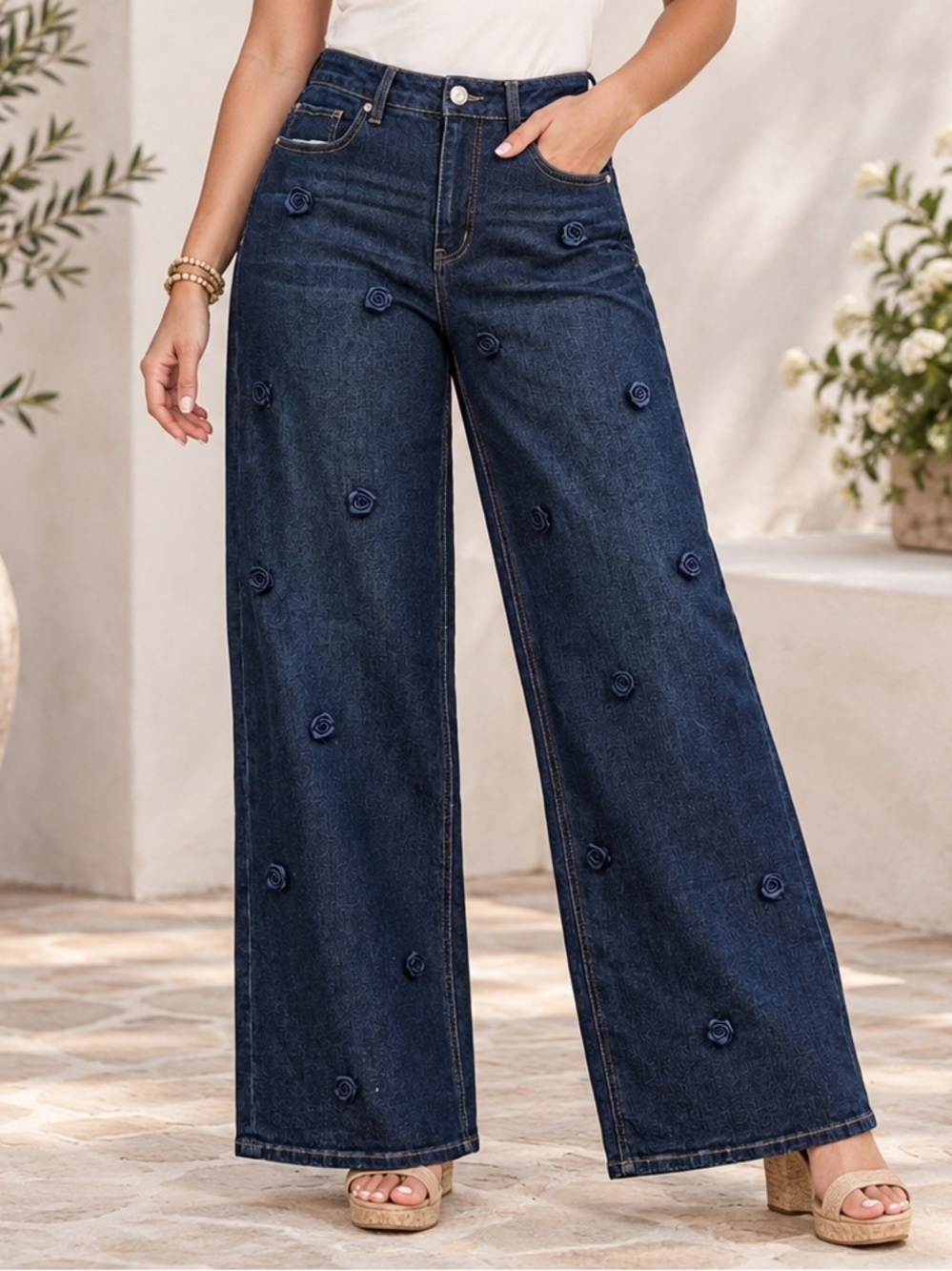 Stevie Jeans High-Rise Dark Blue Floral Appliqué Wide-Leg Jeans